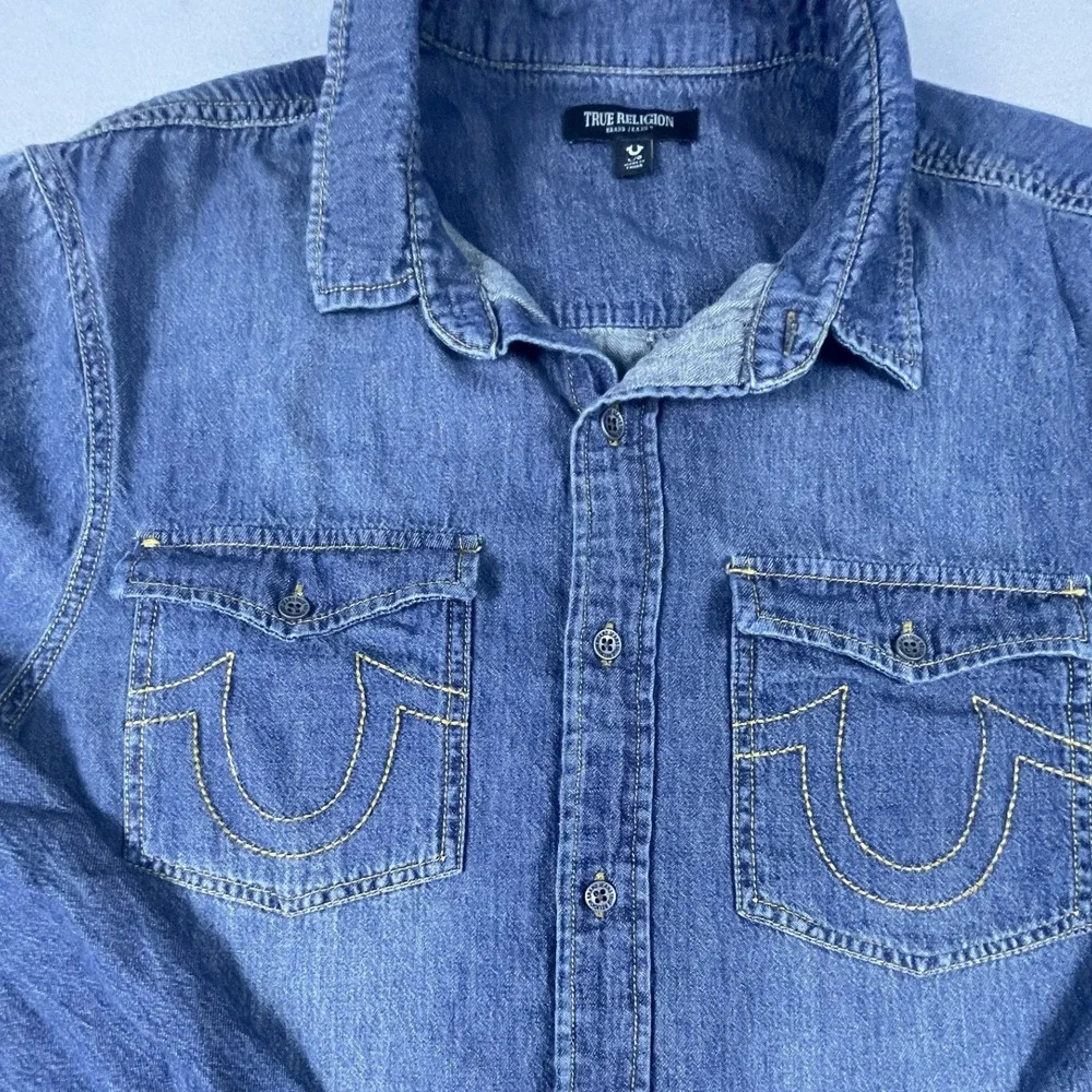 True Religion Denim Shirt Mens L Blue Chambray Shirt Western Horseshoe Pockets